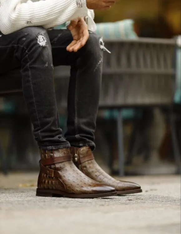 Brown Crocodile Pattern Ankle Strap Chelsea Boots