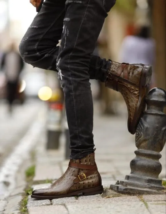 Brown Crocodile Pattern Ankle Strap Chelsea Boots