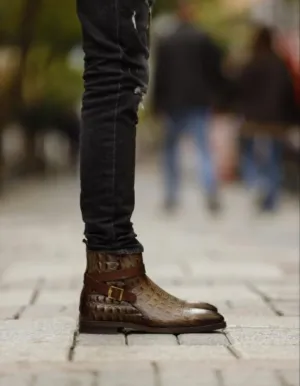 Brown Crocodile Pattern Ankle Strap Chelsea Boots