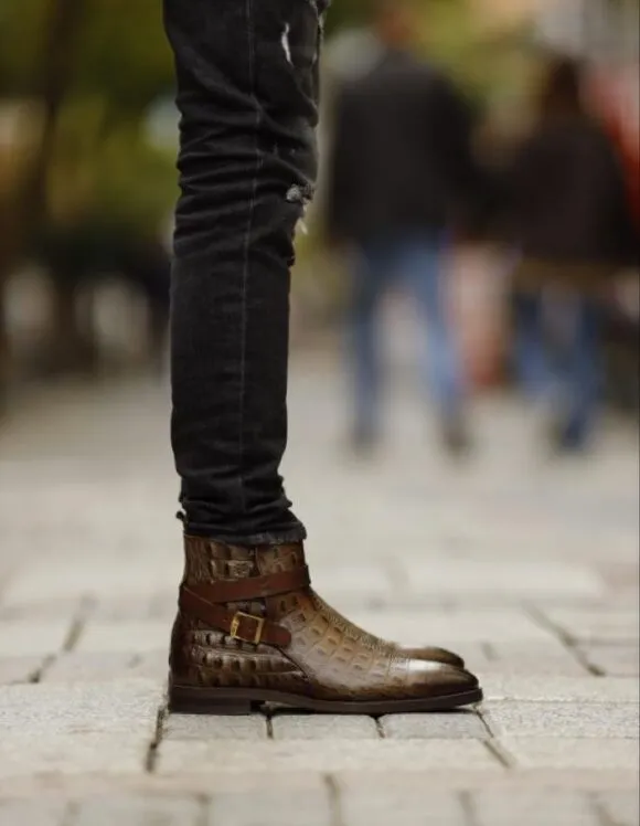 Brown Crocodile Pattern Ankle Strap Chelsea Boots