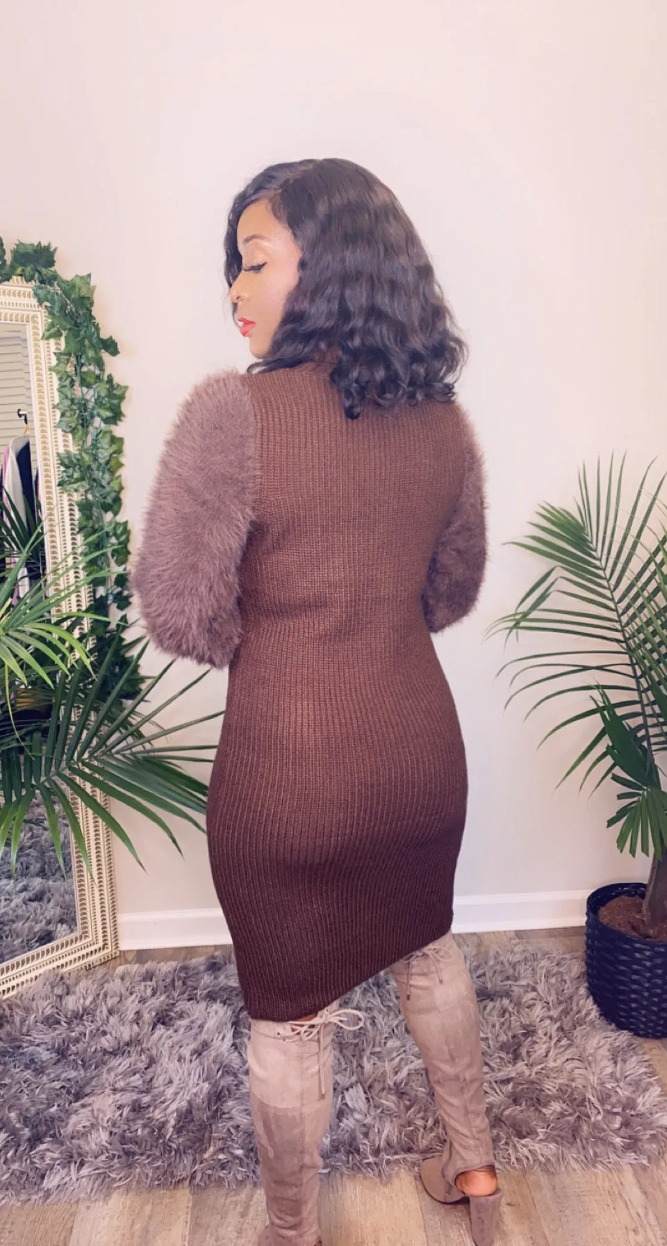 Classic Fuzzy Sweater Dress- Chocolate