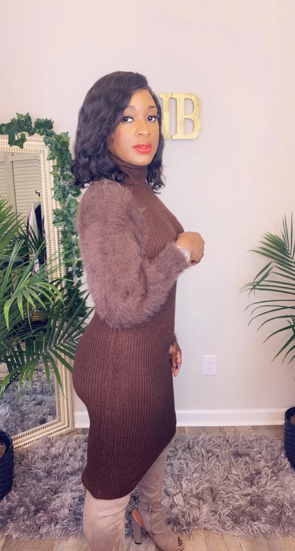 Classic Fuzzy Sweater Dress- Chocolate