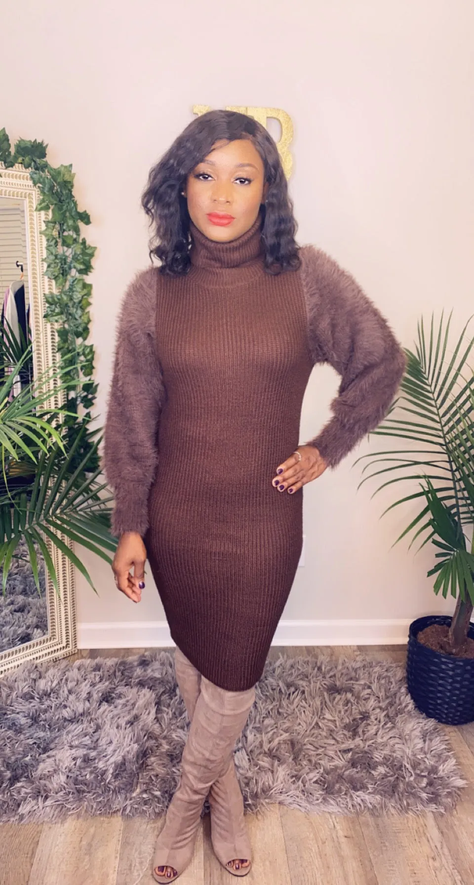 Classic Fuzzy Sweater Dress- Chocolate