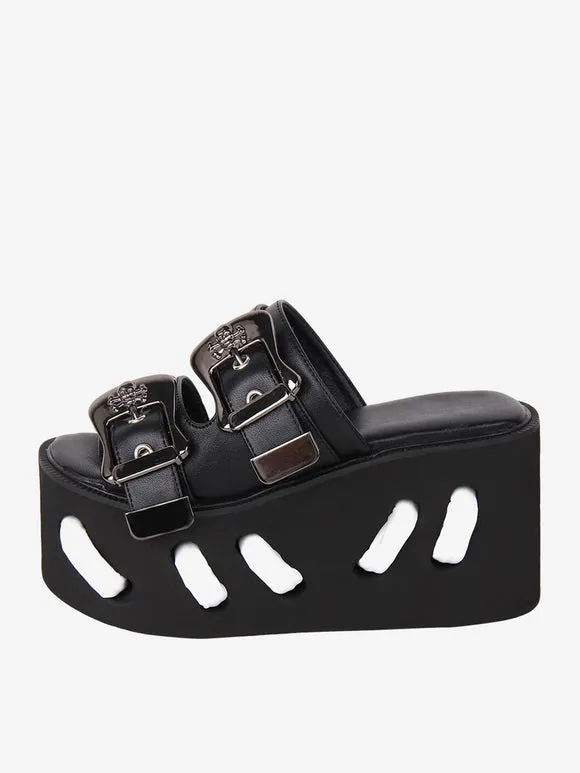 Gothic Lolita Sandals Round Toe PU Leather Black Lolita Summer Shoes
