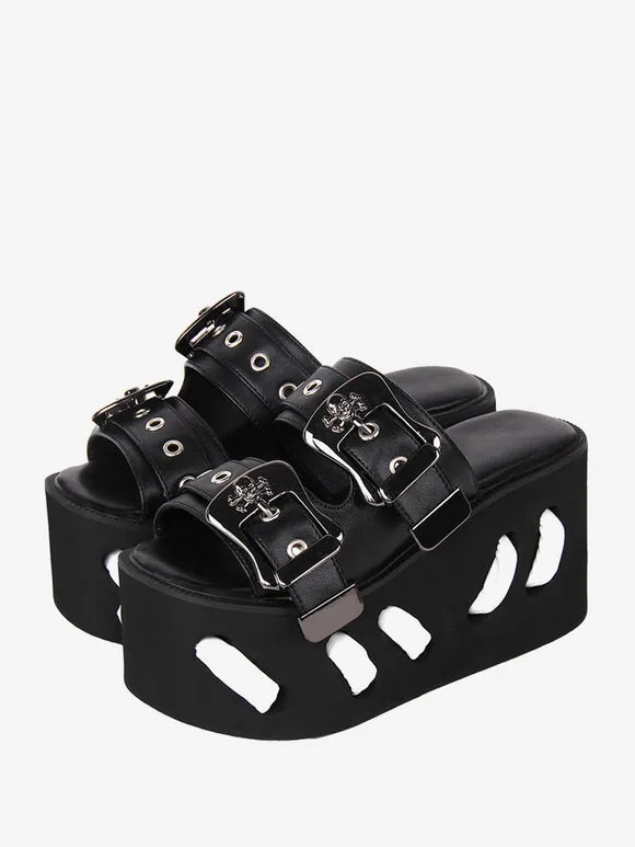 Gothic Lolita Sandals Round Toe PU Leather Black Lolita Summer Shoes