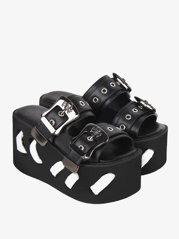 Gothic Lolita Sandals Round Toe PU Leather Black Lolita Summer Shoes