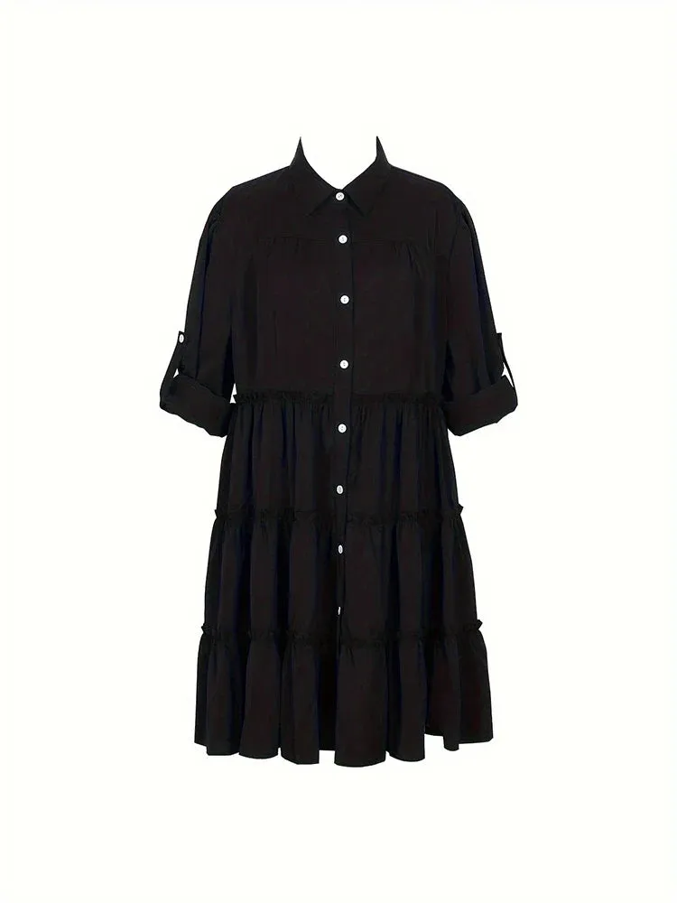 Luxe Aura™ | Plus Size Women's Casual Button Dress | Loose Fit, Flip Lapel, Pleated Design for Spring & Summer