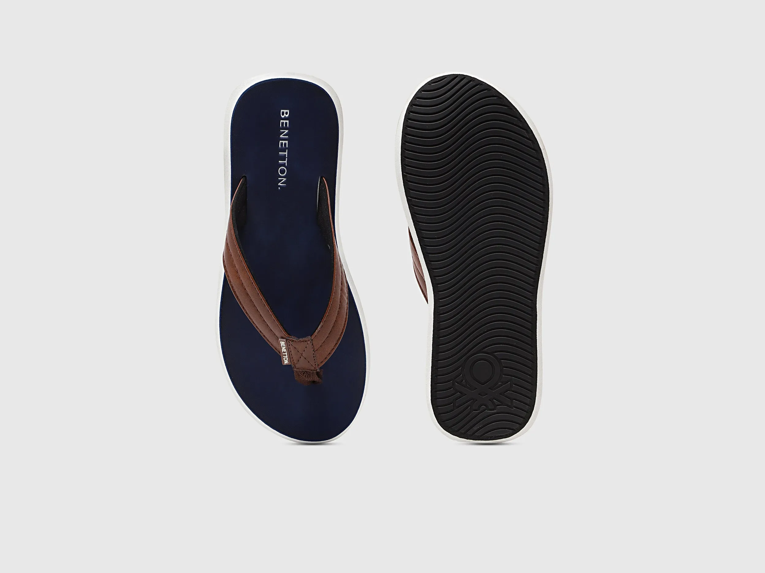 Men's Navy Blue & Brown Solid Thong Flip-Flops