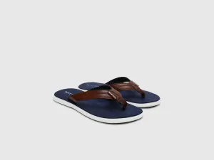 Men's Navy Blue & Brown Solid Thong Flip-Flops