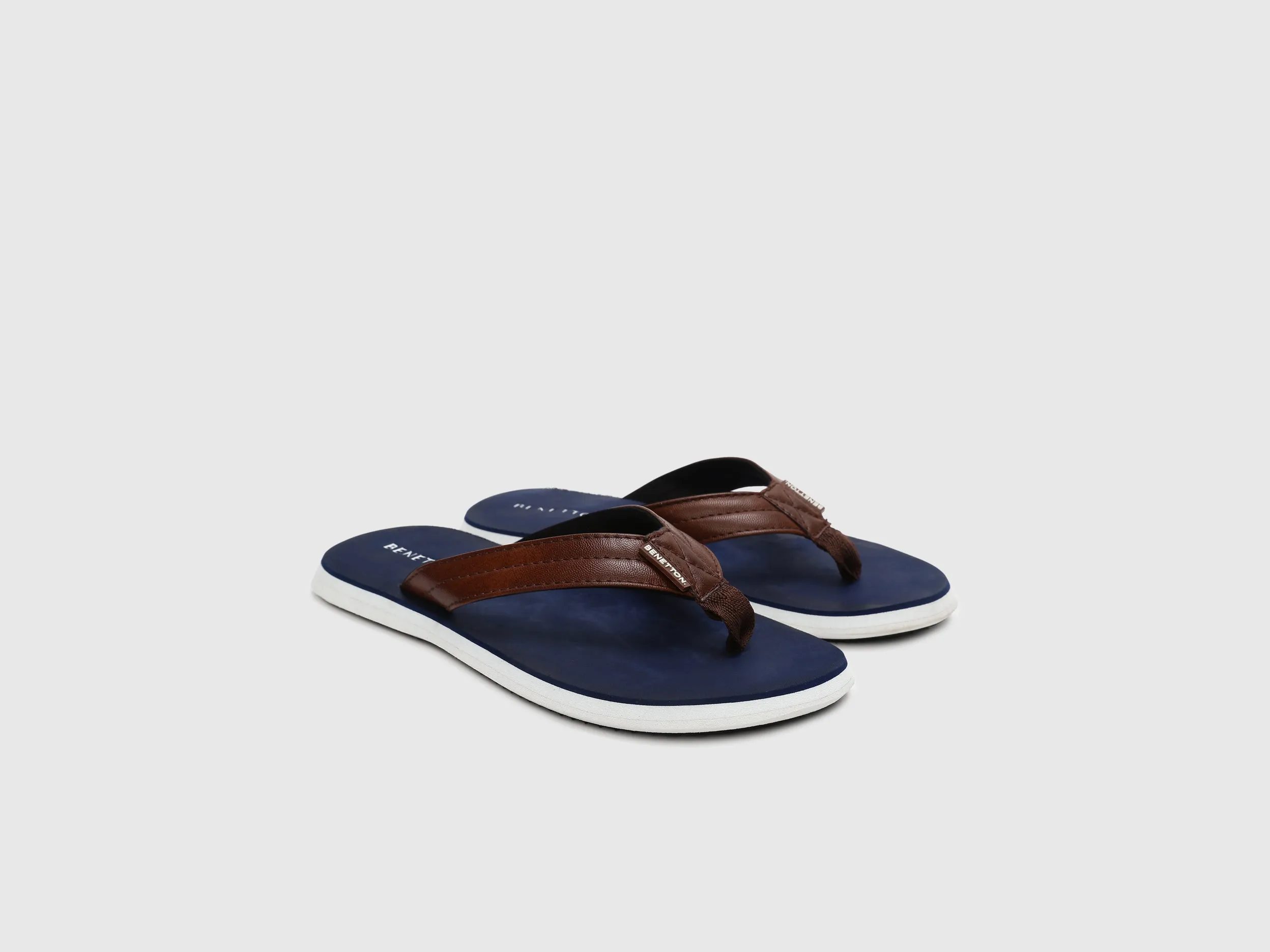 Men's Navy Blue & Brown Solid Thong Flip-Flops