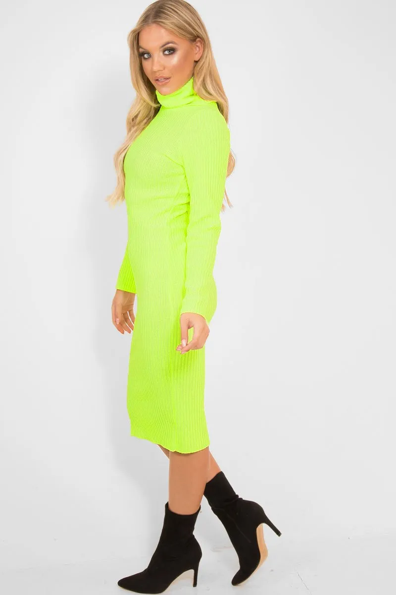 Neon Yellow Roll Neck Rib Midi Jumper Dress - Giana