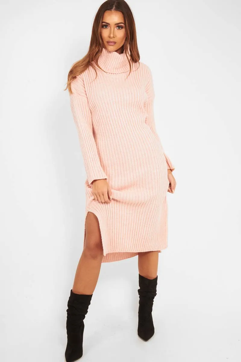Pink Knitted Roll Neck Jumper Dress - Cecily