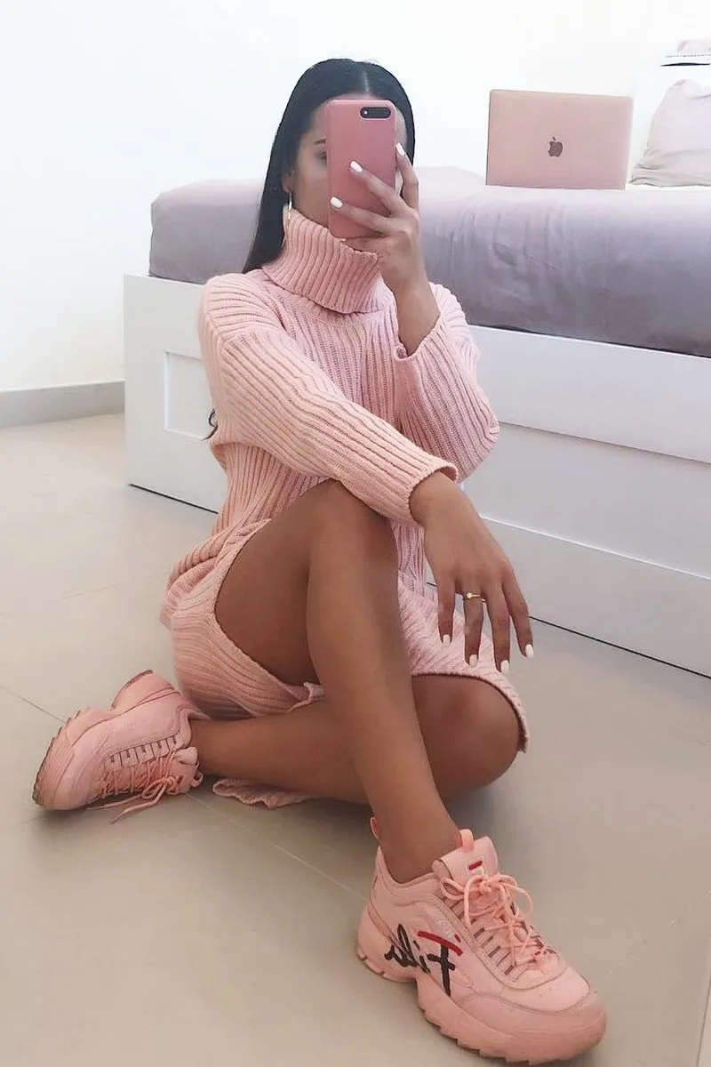 Pink Knitted Roll Neck Jumper Dress - Cecily