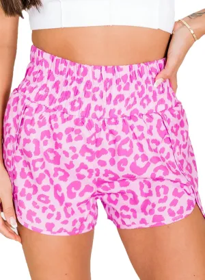 SELINK Shorts for Women Casual Pink Leopard High Waisted Athletic Shorts Shirred High Waist Daily