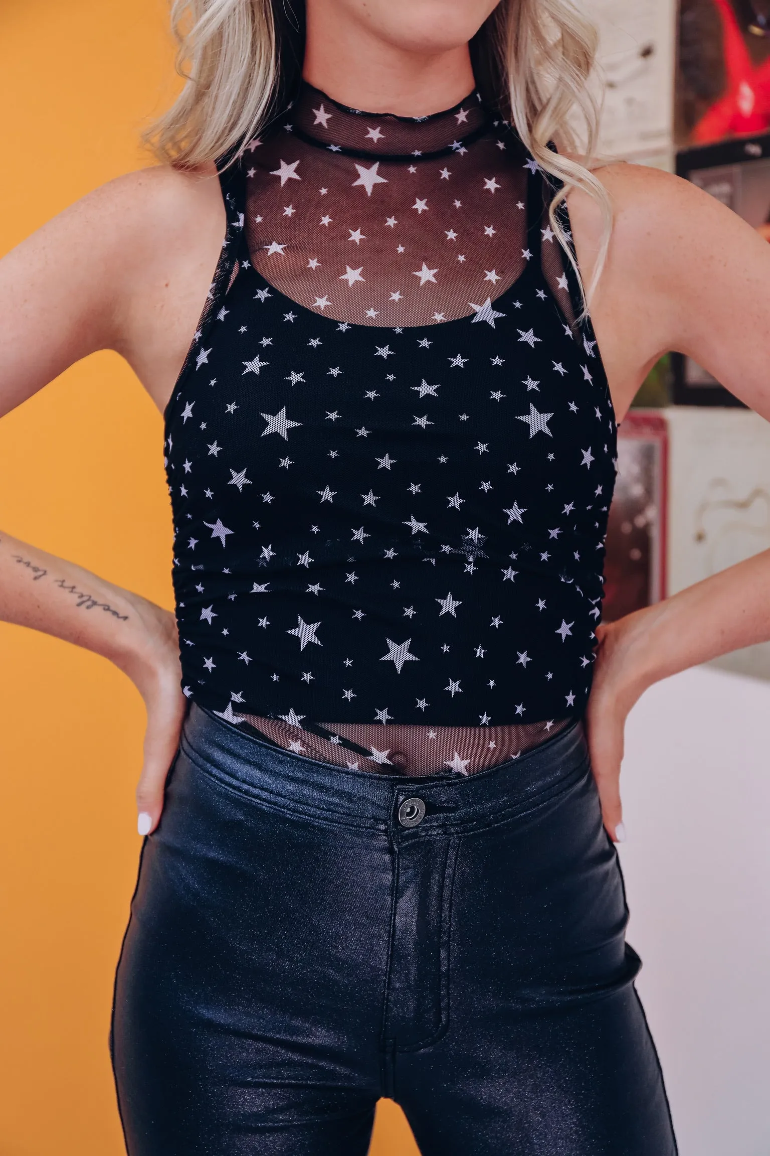 Sparkle Star Mesh Sleeveless Crop Top - Black