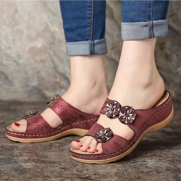 Summer Breathable Premium Orthopedic Open Toe Sandals Ladies Buckle Strap Vintage Anti-Slip Slippers Female Shoes