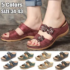 Summer Breathable Premium Orthopedic Open Toe Sandals Ladies Buckle Strap Vintage Anti-Slip Slippers Female Shoes