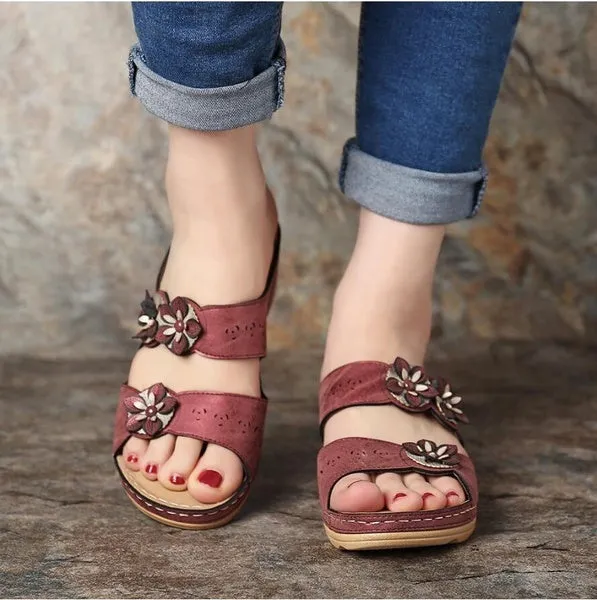 Summer Breathable Premium Orthopedic Open Toe Sandals Ladies Buckle Strap Vintage Anti-Slip Slippers Female Shoes