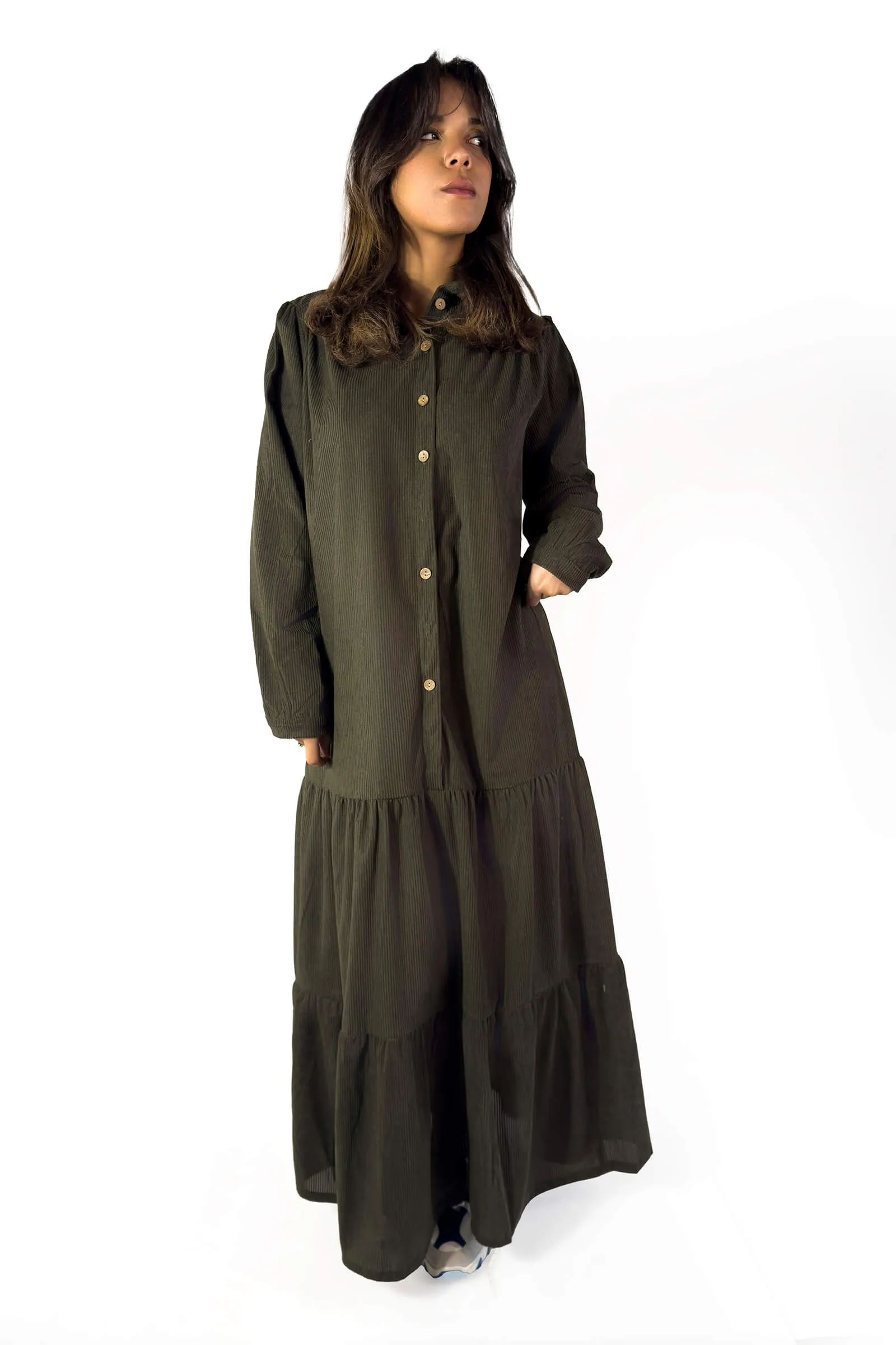 Timeless Olive Green Layered Winter Dress