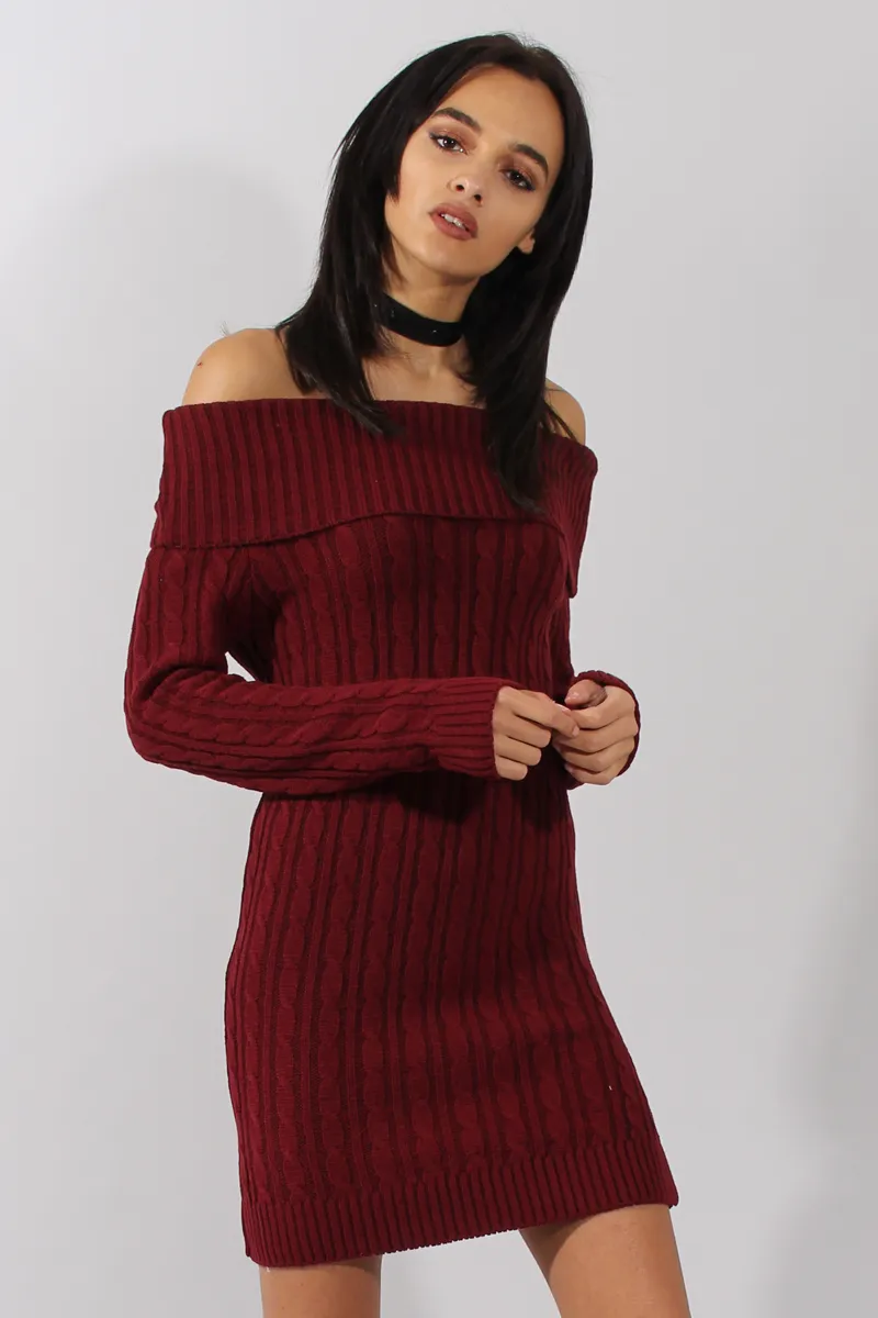 Wine Bardot Cable Knit Jumper Dress - Peeta