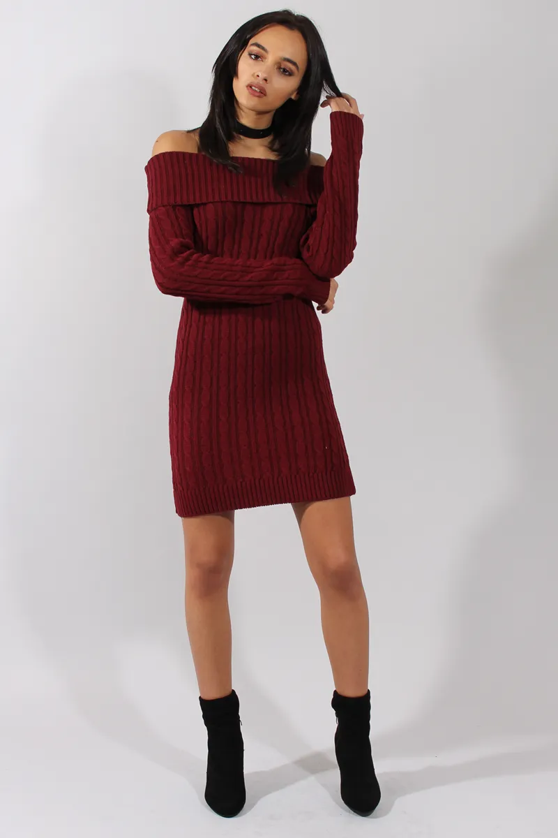 Wine Bardot Cable Knit Jumper Dress - Peeta