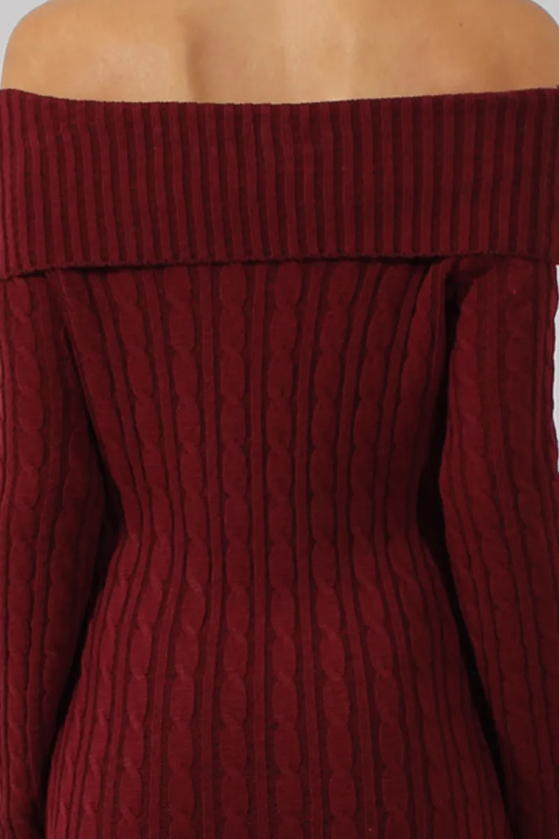 Wine Bardot Cable Knit Jumper Dress - Peeta